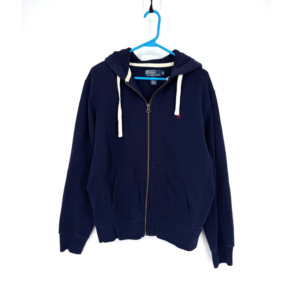Polo Ralph Lauren Mens Navy Blue Full Zip Hoodie Waffle Knit Hood Fleece Medium
